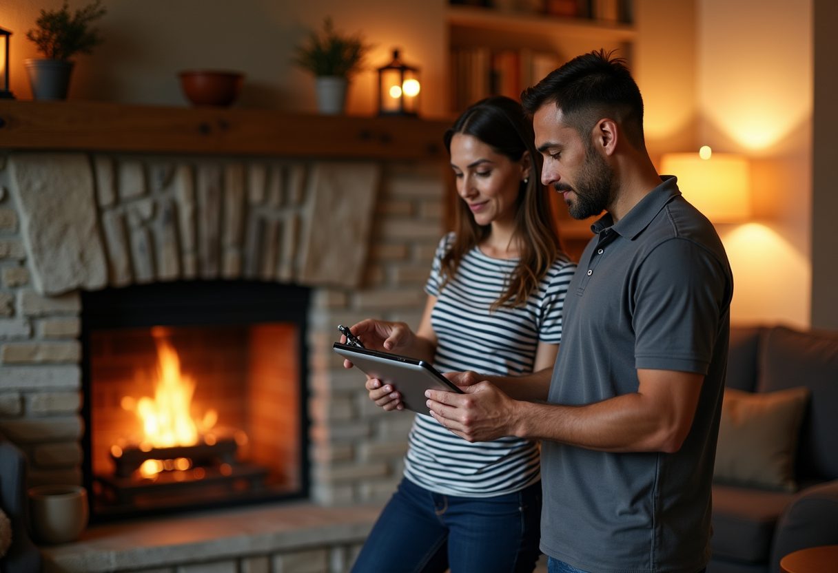 Technician showing a camera inspection beside a stone fireplace — Mount Rainier