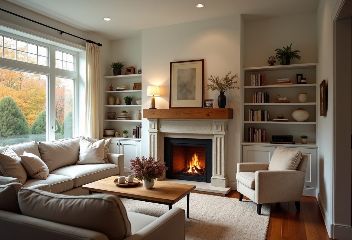Lit stone fireplace in a bright living room — Mount Rainier